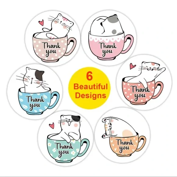 500 1”  Stickers, Kitty in Teacup, 1 inch , Thank You, Roll, PRICE IS FIRM - Picture 2 of 3